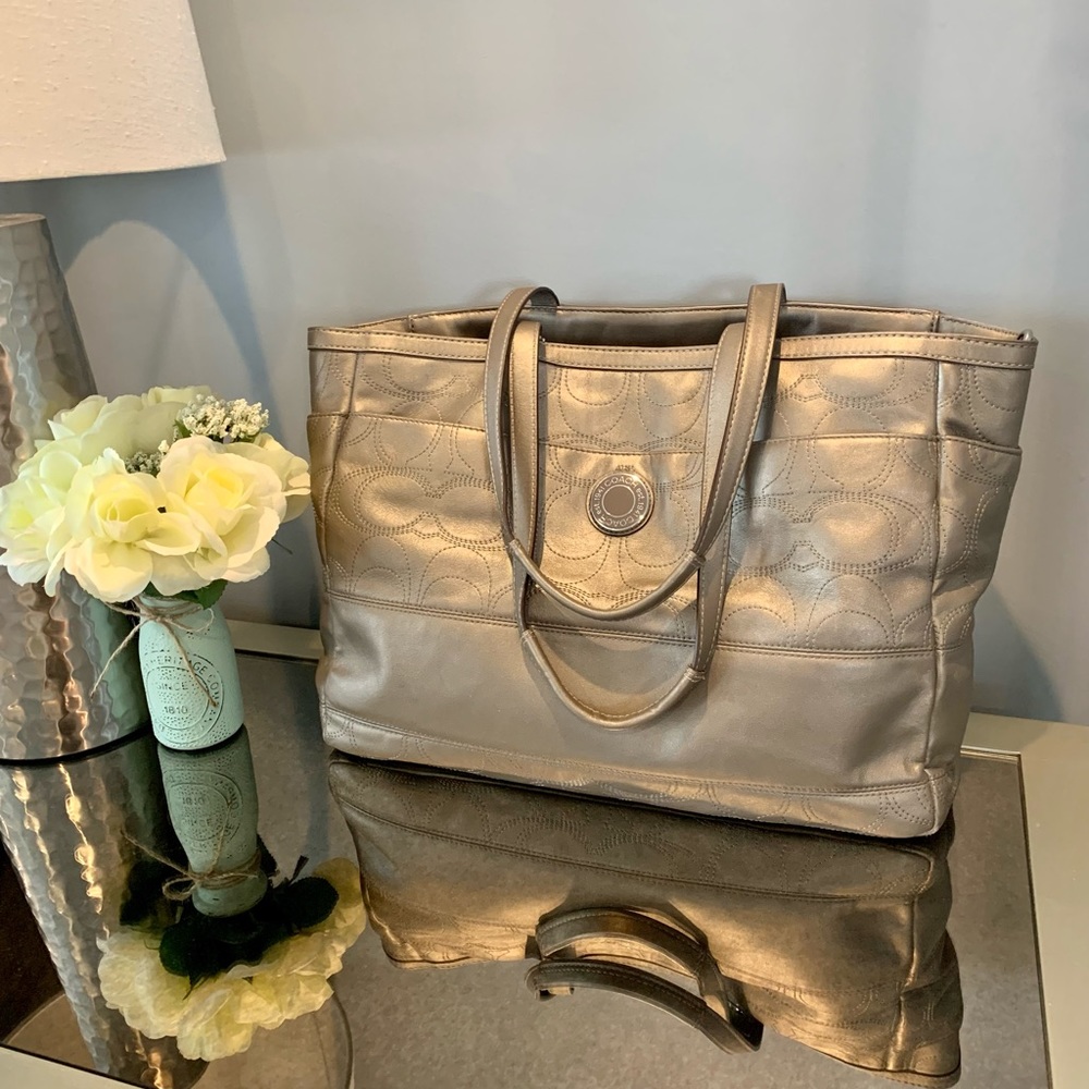 Coach Metallic Taupe Leather Tote/Diaper Bag